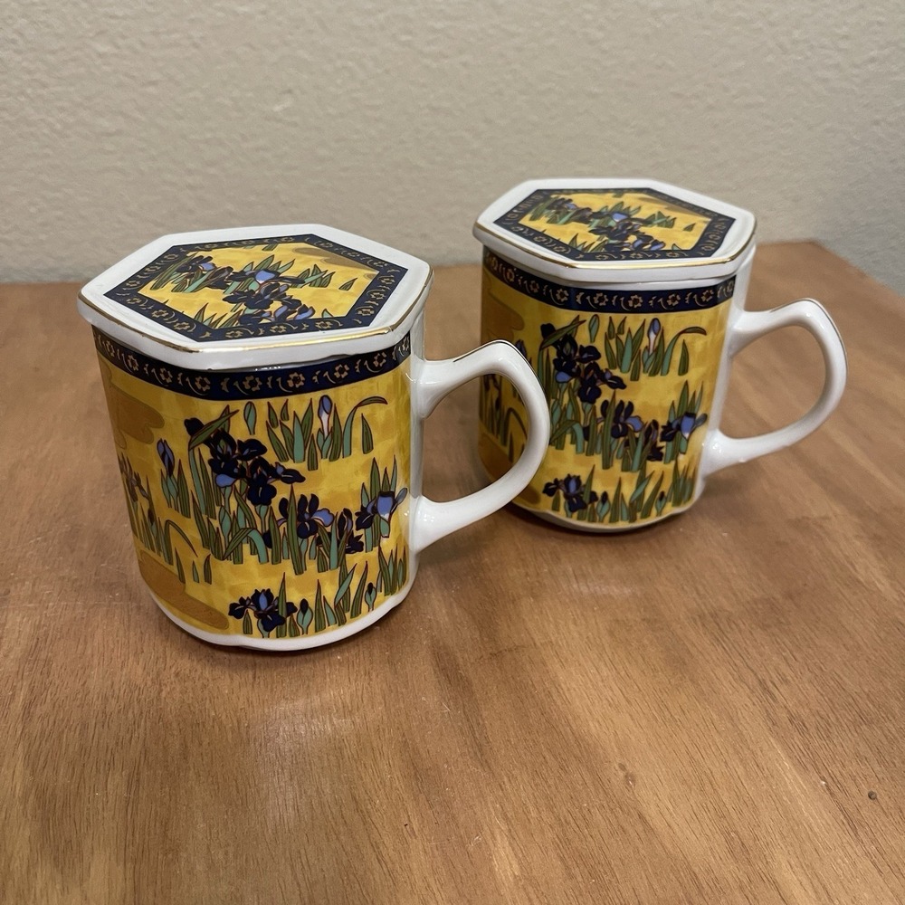 VTG Japanese Enesco Octagonal Tea Mugs & Lids Iris Floral Yellow Purple Set Of 2